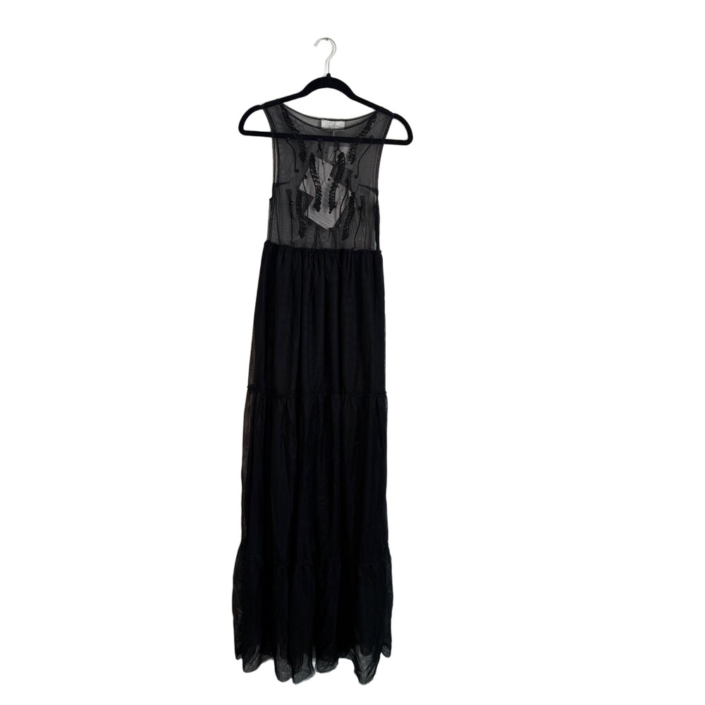 NWT SoAllure Dress IT 44 US M Black Maxi Sheer Embroidered Tiered Feathers $440